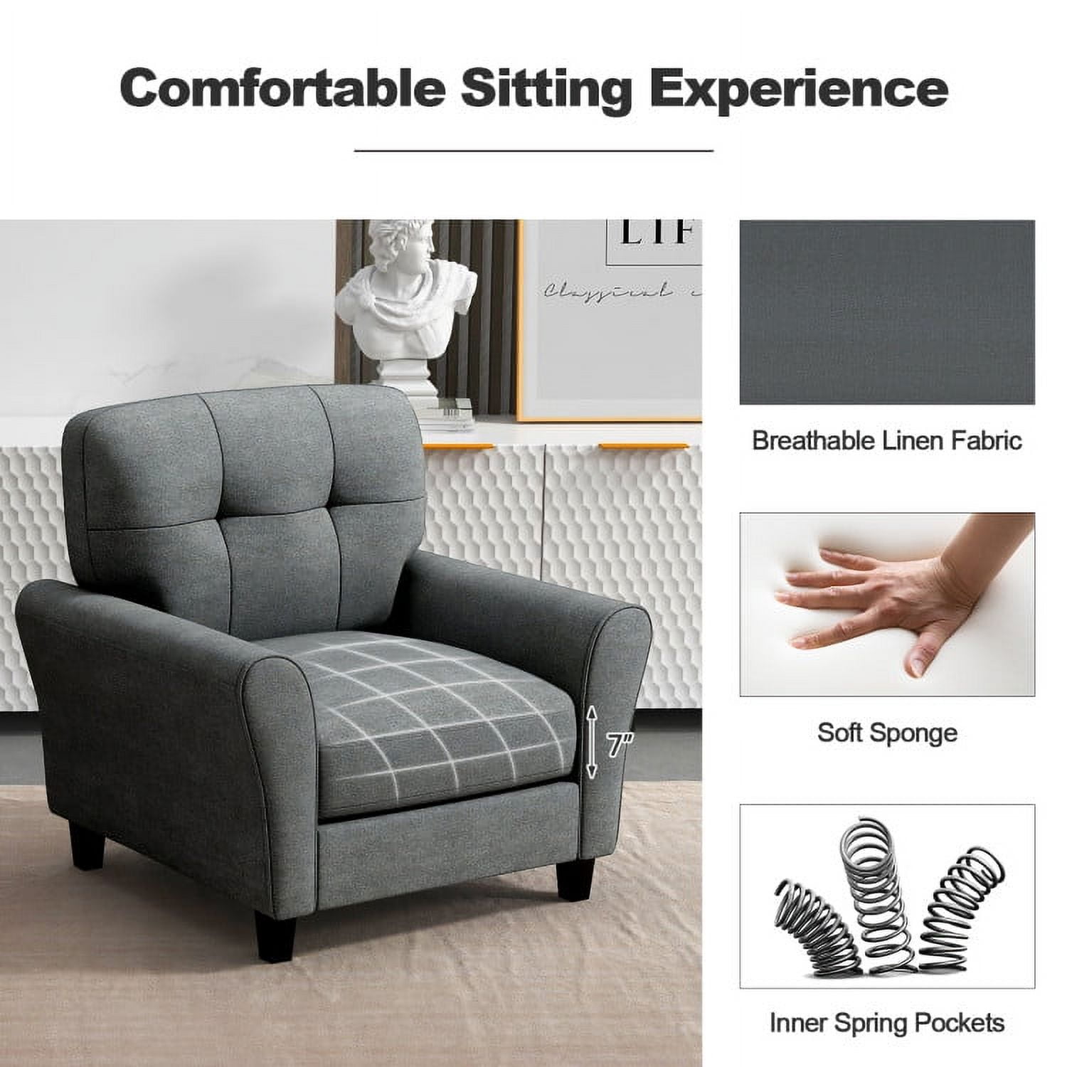 Finihen Upholstered Accent Chair, Modern Upholstered Accent Chair with Rubber Wood Legs, for Living Room, Bedroom, Gray