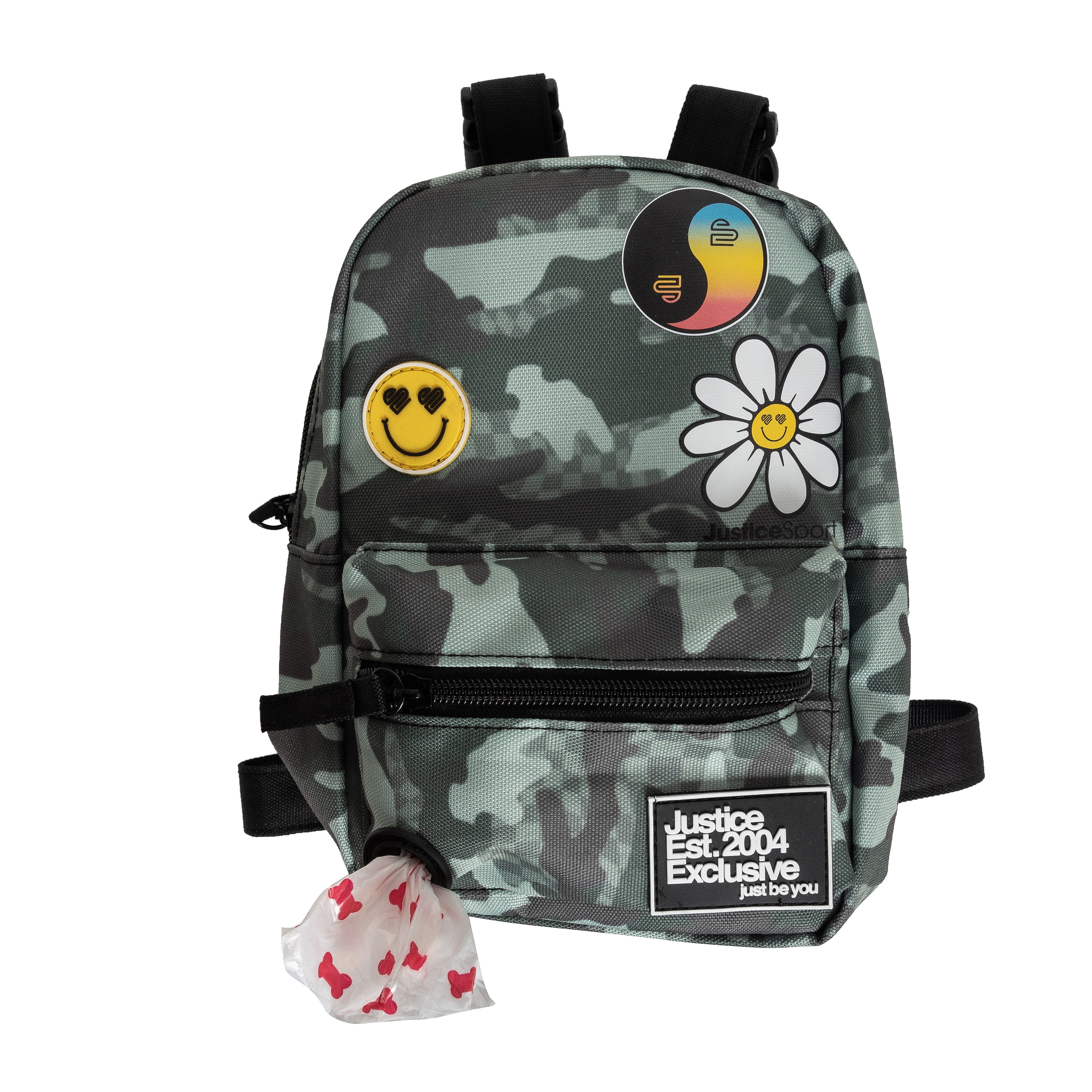Justice Pet Nylon Camo Wastebag Dispensing Backpack Harness, Green Camo, Xsmall/Small