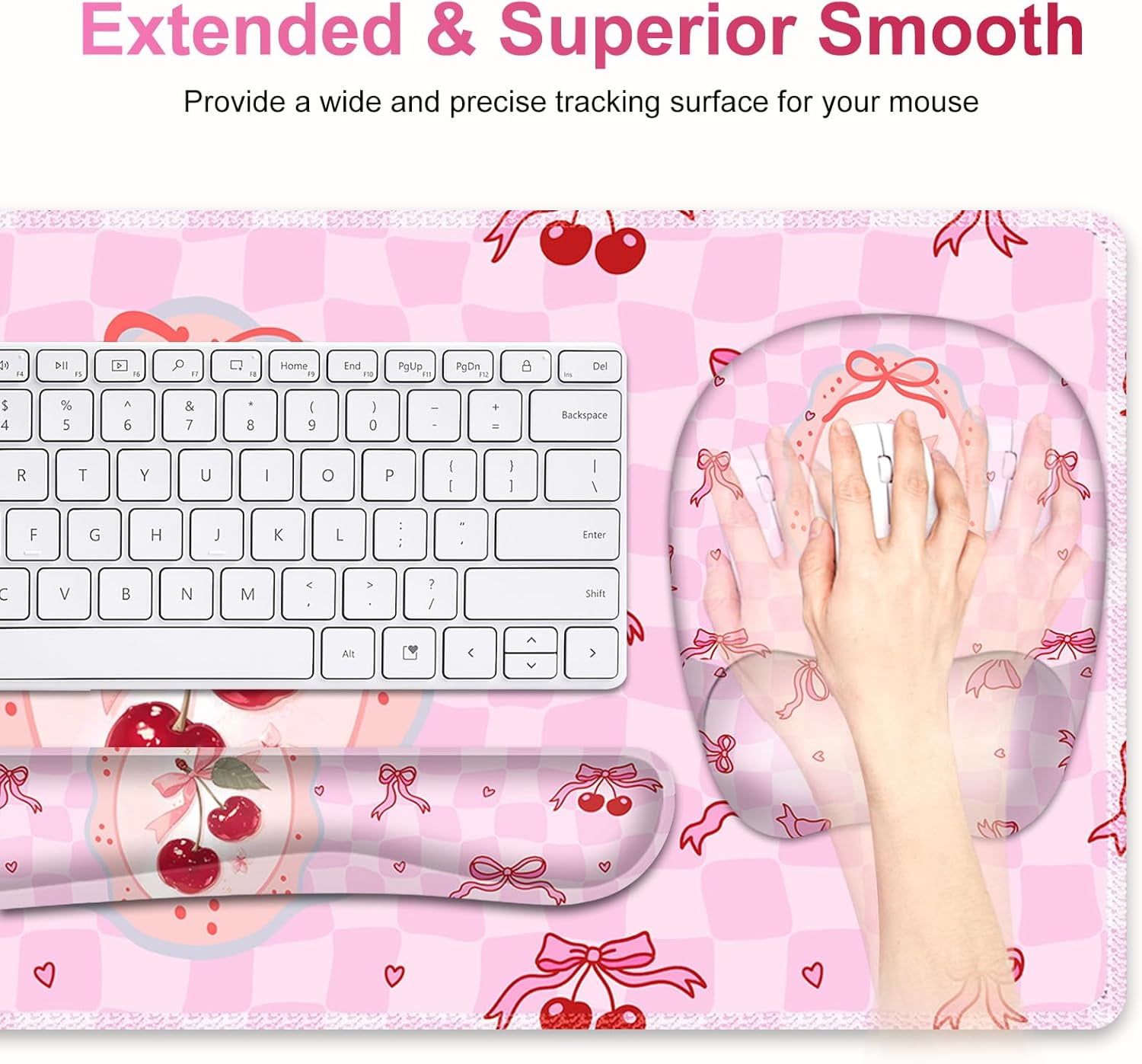 Cute Check Mouse Pad with Wrist Support 4 in1 Set, XXL Big Game Mousepad + Keyboard Wrist Rest + Mouse Wrist Rest Pad +Coaster Gaming Mat for Work Study Home Office I Pink Cherry & Bow Dream
