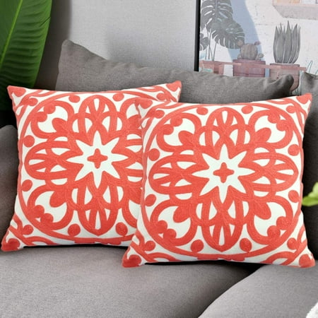 

Embroidered Decorative Throw Pillow Covers 16x16 Set of 2pcs Classic Boho Mandala Knit Pattern Cotton Canvas Cozy Cushion Cases for Sofa Couch Living Room (Coral Peach)
