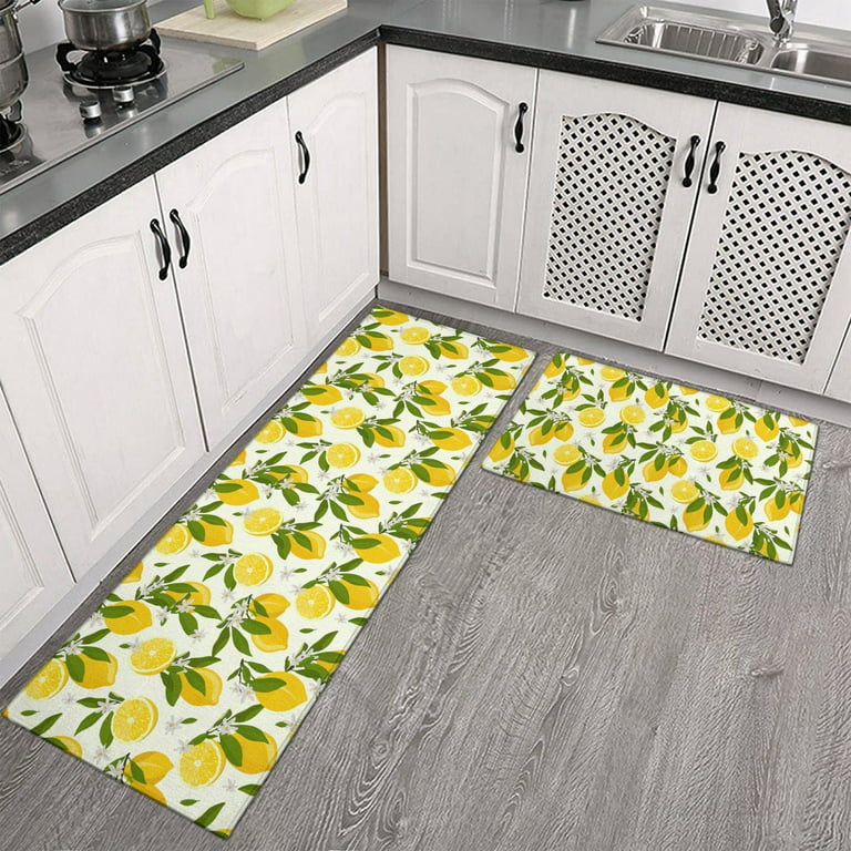 Linen Geometric Lemon Kitchen Mats Cushioned Anti Fatigue 2 Piece Set, Memory Foam Kitchen Mat Set of 2, Farmhouse Kitchen Runner Rug and Waterproof Kitchen Mat for