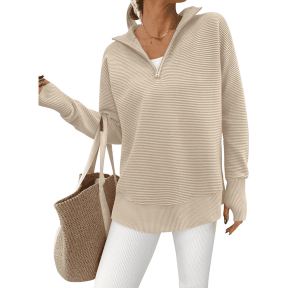 Olaglory Womens Quarter Zip Pullover Sweater Long Sleeve Casual Loose V Neck Collared Ribbed Knit Jumper Tops with Thumb Hole, Fall Winter Fashion 2026