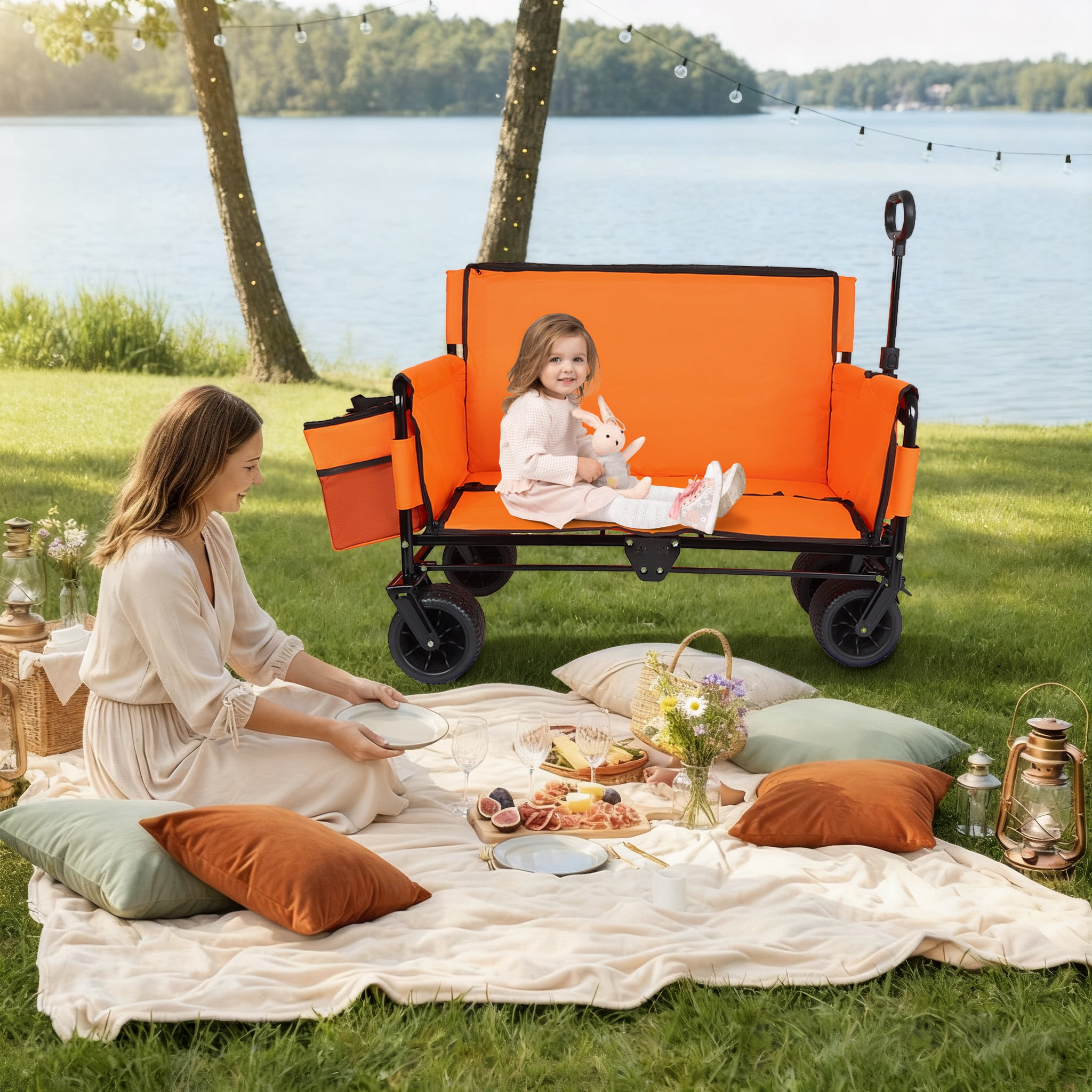 3-in-1 Folding Wagon Cart with Bench Seat, 500lbs Heavy-Duty Utility Wagon, 180L Capacity All-Terrain 360° Wheels with 1 Ice Pack for Camping Beach Sports Garden, Orange