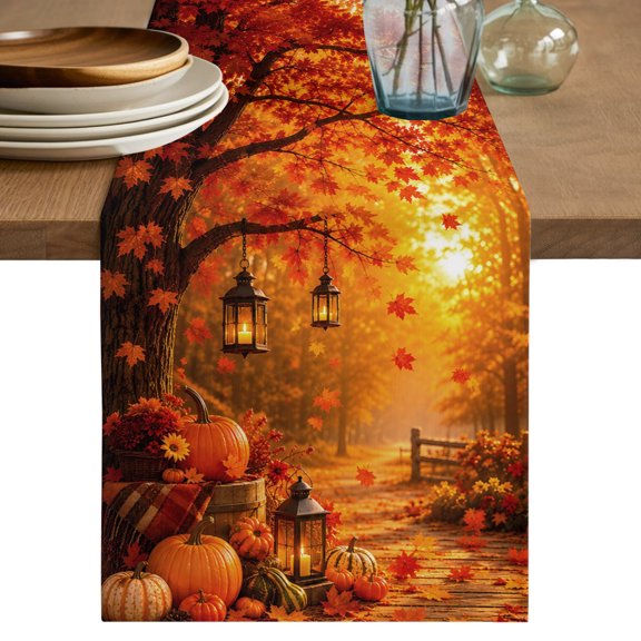 Thanksgiving Table Runner, Fall Harvest Farm Red Maple Leaf Pumpkins Sunflower Cotton Linen Table Cloth, Tablerunner for Kitchen Dining Party Wedding Home Decor 13x48 Inch