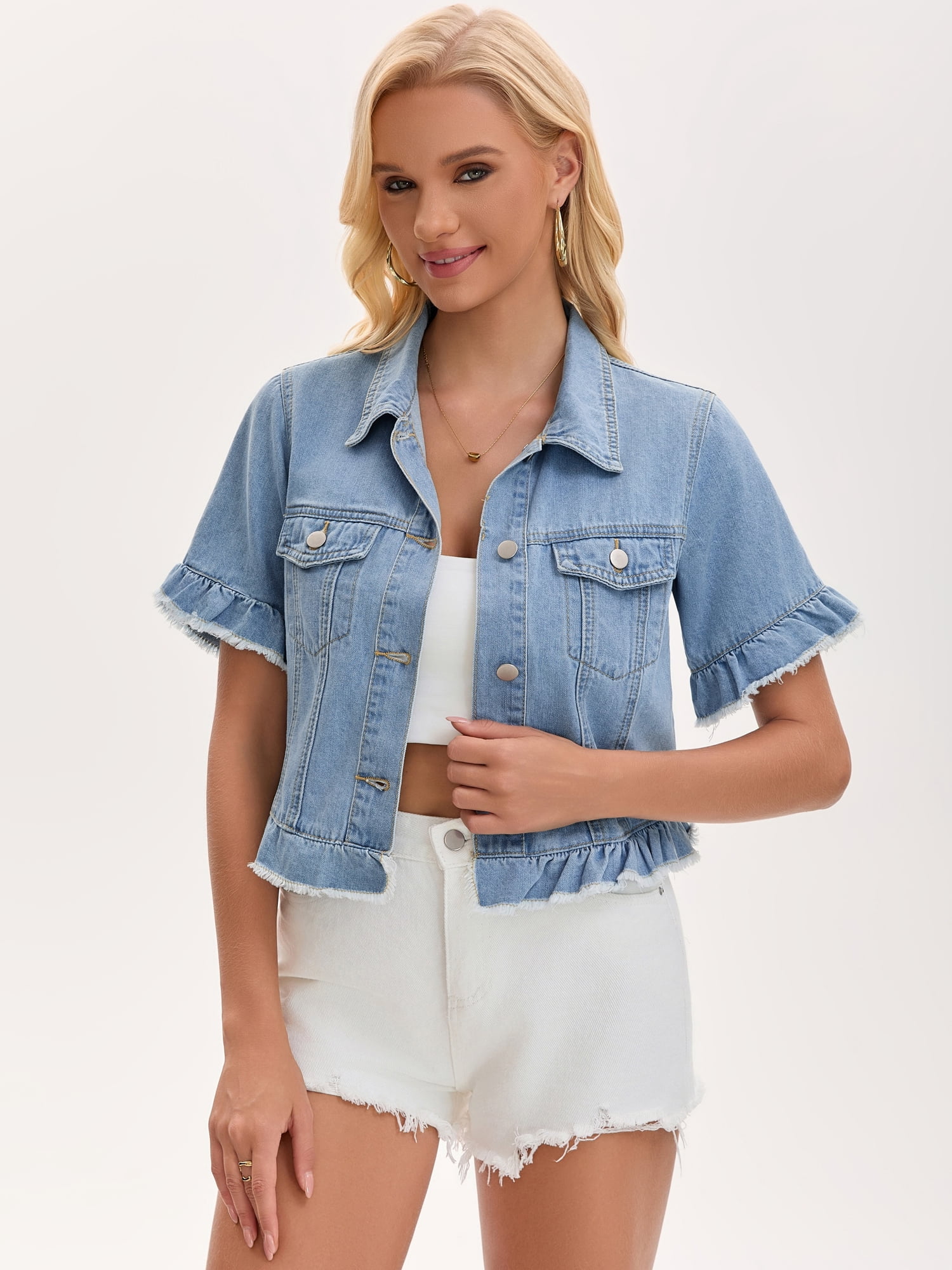 DARING DIVA Women's Short Sleeve Button Down Lightweight Ruffle Jean Jacket L Light Blue
