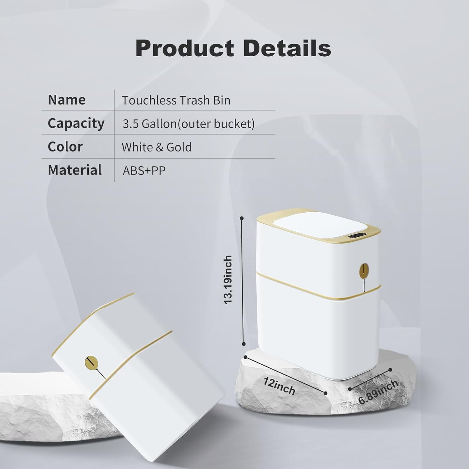Joybos Automatic Bathroom Trash Can, 3.5 Gallon Plastic Motion Sensor Garbage Bin with Soft Close Lid, White & Gold, 1Pc