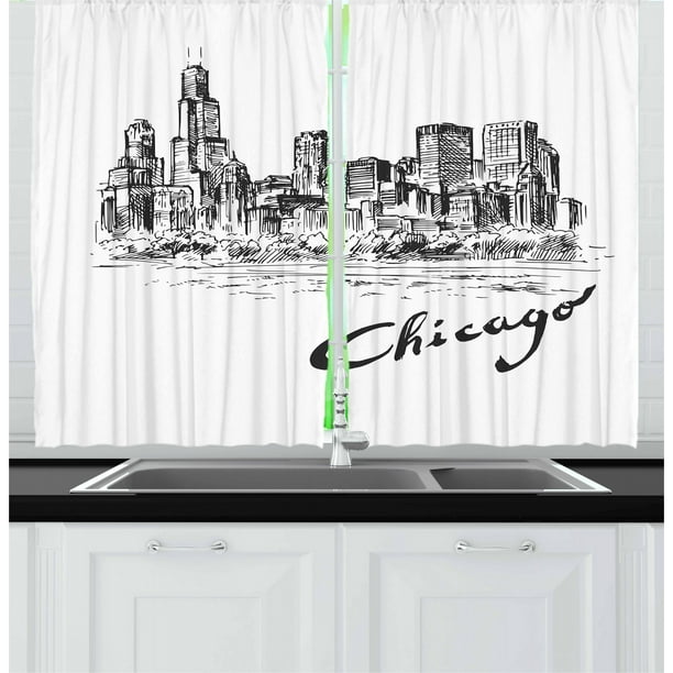 Chicago Skyline Kitchen Curtains, Vintage Art of American City in Hand Drawn Style Sketchy Effects, Two Panels Drapes with Rod Pocket Room Decor, 55