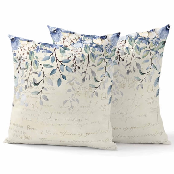 Throw Pillow Covers 16x16 Inch Set of 2 Blue Flowers Decorative Pillow Covers Eucalyptus Leaves Vintage Cushion Cover Pillowcase for Sofa Couch Bed Home Decor