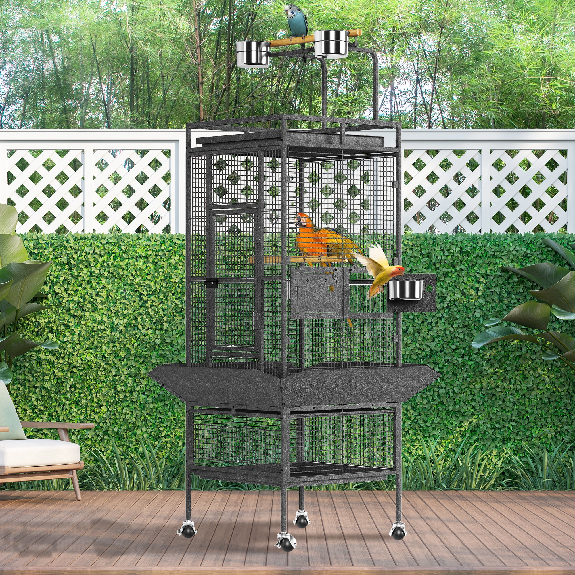 61" Cockatiel Cage, Flight Cage with Rolling Stand, Play Top & Bowls - Metal Large Bird Cages for Parakeets, Conures, Parrots - Exploding Silver