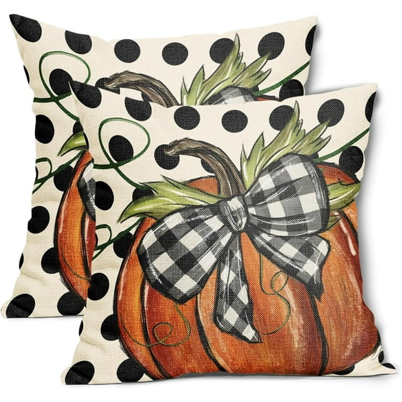 Fall Polka Dot Pumpkin Pillow Covers 16X16 Inch Autumn Harvest Thanksgiving Pillow Cases Orange Seasonal Square Throw Pillows Set of 2 Farmhouse Home Decor for Sofa Couch Bedroom Porch Outdoor