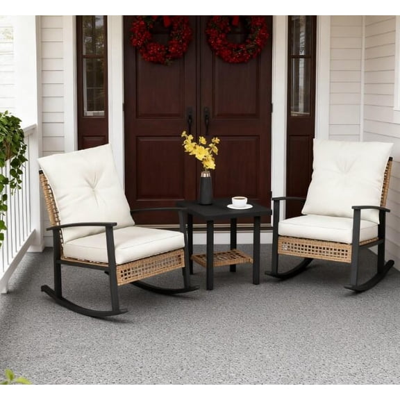 Outdoor Furniture Sets, Patio Wicker Furniture Set with Button Tufted Cushions, Rattan Rocking Chairs, Coffee Table, Beige White,Natural Patio Furniture Sets,Patio Dining Sets