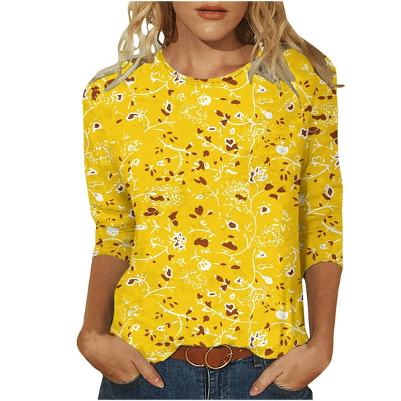 Lolmot Floral Print T-Shirt Tops Mid-Length 3/4 Sleeve Blouses Tee Round Neck Tunic Top Loose Trendy Tunic Casual T-Shirts Spring Summer Cool Top Blouses