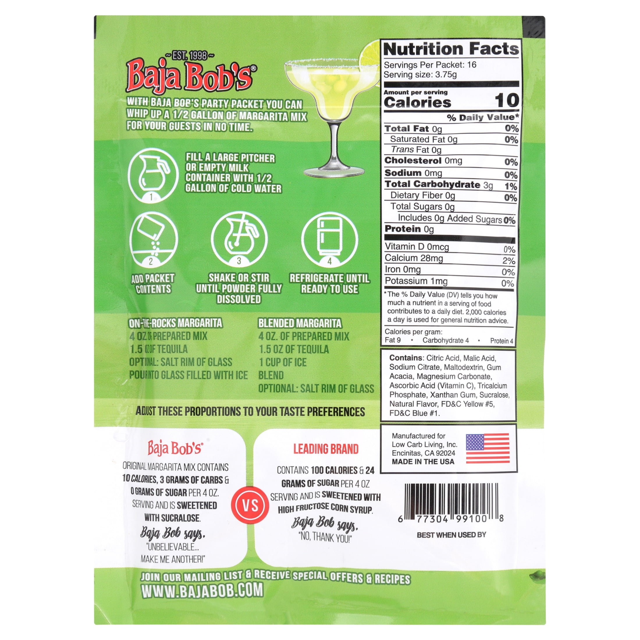 Baja Bob's Sugar-Free Cocktail Mixer, Original Lime Margarita - Powdered Packet, 60g