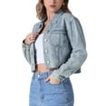 thumbnail image 4 of INSPIRE CHIC Women's Long Sleeve Frayed Hem Trendy Cropped Denim Jacket S Light Blue, 4 of 5