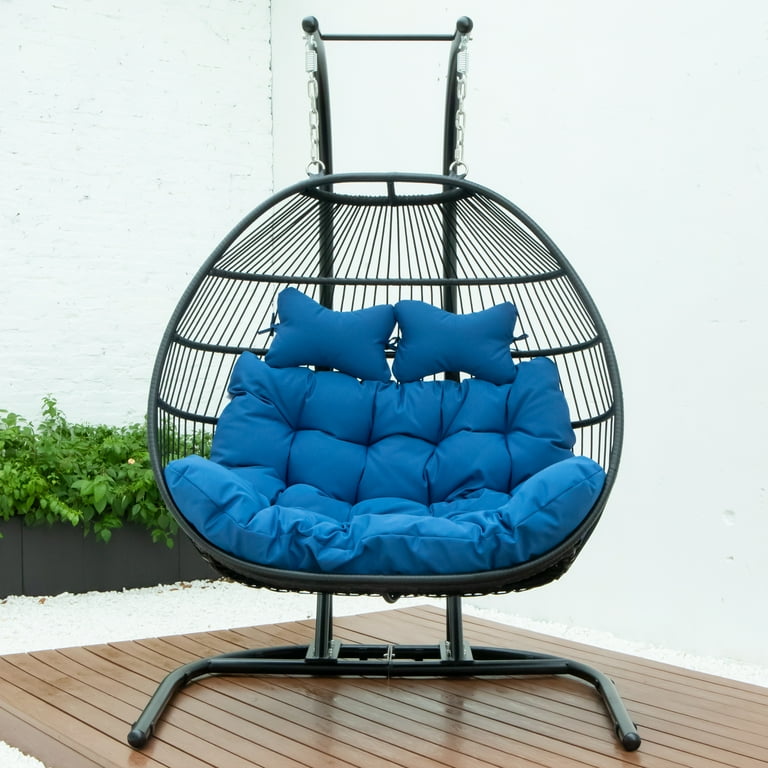 LeisureMod Patio Black Wicker 2 Person Double Folding Hanging Egg Swing Chair in Blue
