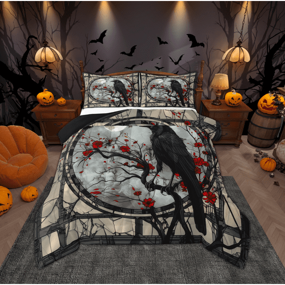 Manfei Halloween Crow Child Bedding Comforter Set, Vintage Cherry Blossoms Twin Comforter Sets, Mystic Galaxy Moon Reversible Bedding Set, Lightweight Room Decor, 2-Piece