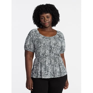 Terra & Sky Women's Peplum Top with Short Puff Sleeves, Sizes 0X-5X