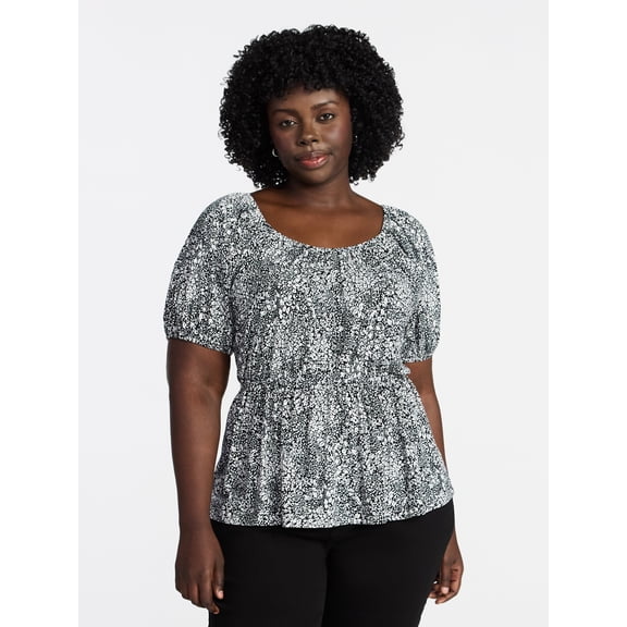 Terra & Sky Women's Peplum Top with Short Puff Sleeves, Sizes 0X-5X