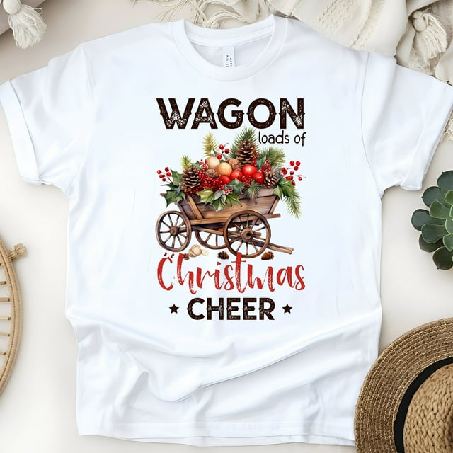 Wagon Chemise de Cheerleading de Noël / T-Shirt Graphique Rustique de Vacances, Blanc, Taille 2TG