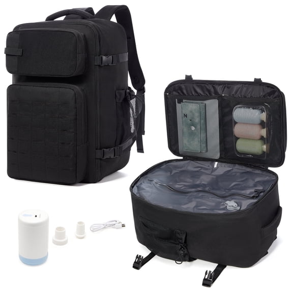 SYCNB Vacuum Travel Backpack with Pump, Waterproof Backpack for Men, Carry-On Personal Item Travel Bag, Versatile Vacuum Compression Backpack for Travel Hiking, Black