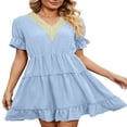 thumbnail image 1 of PENGXIANG Femmes Manches Courtes Mini Robe V Cou Volants Robes Décontractées une Ligne Fluide Été Plage Partie Robe de Soleil, 1 of 7