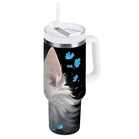 

JSTEL White Cat 30 oz Tumbler Stainless Steel Water Bottle Vacuum Insulated Cup with Straw Lid & Handle For Travel Car Cup Holder