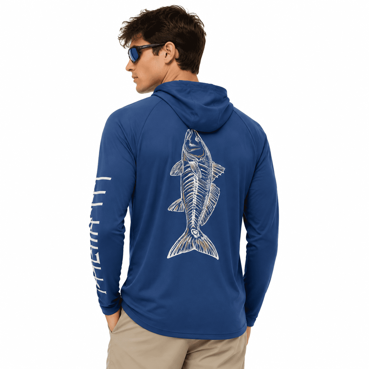 Navy/Redfish Sketch Medium Men UPF 50+ Long Sleeve Sun Fishing Shirt with Neck Gaiter