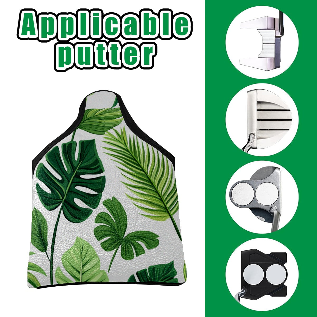 Golf Mallet Putter Cover Premium Leather Waterproof Golf Putter Head Cover with Magnetic Closure Green Leaves