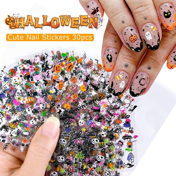 Yoyauz 30PCS Fun Halloween Gift Nail Art Stickers, 3D Self‑Adhesive Bat Spider Web Pumpkin Ghost Nail Decoration, Party Favor Supplies for Kids Girls Women