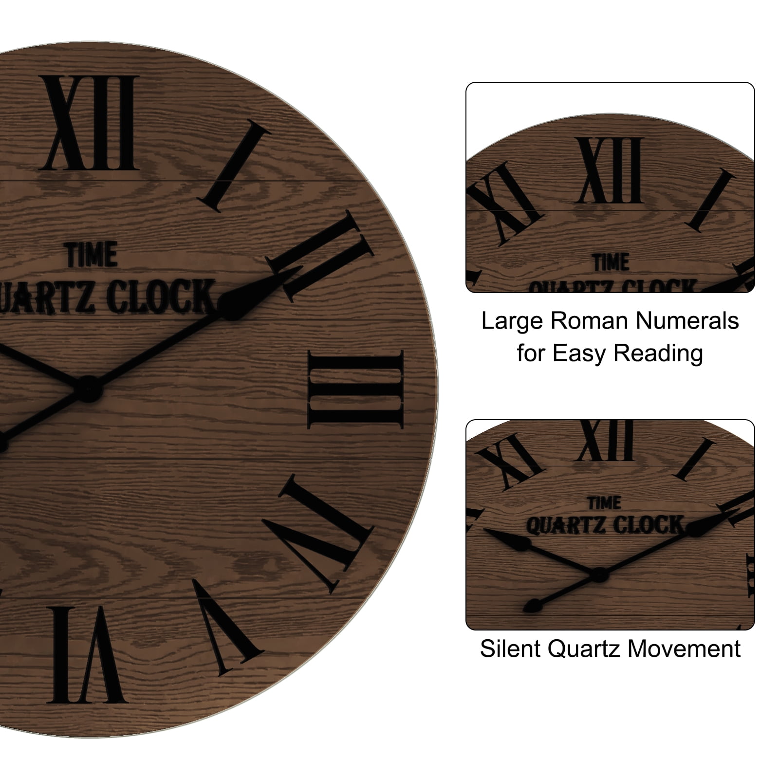 HLR 35.5” Farmhouse Large Shiplap Round Wall Clock with Roman Numeral for Living Room Decor, Brown