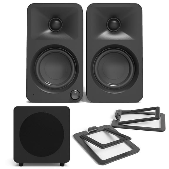 Kanto ORAMB Powered Reference Bluetooth Desktop Speakers with a Kanto SUB8VMB Sealed Powered 8" Subwoofer and Kanto S2 Angled Desktop Speaker Stands for Small Speakers (2023)