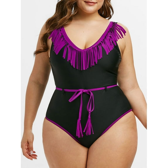 Rosegal Women Plus Size Fringed Belted One-piece Swimsuit Purple 2X