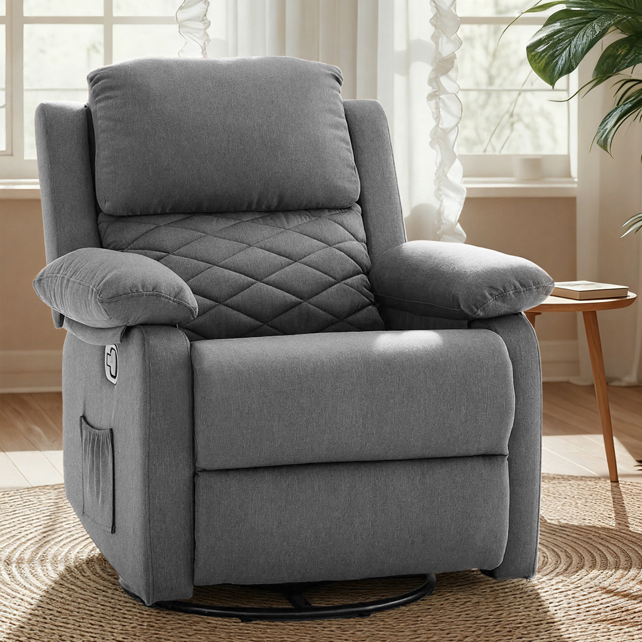 YOUDENOVA 360° Swivel Rocker Recliner Chair for Small Spaces for Living Room,Upholstered Linen Fabric Glider Nursery Chair with Side Pockets,Gray