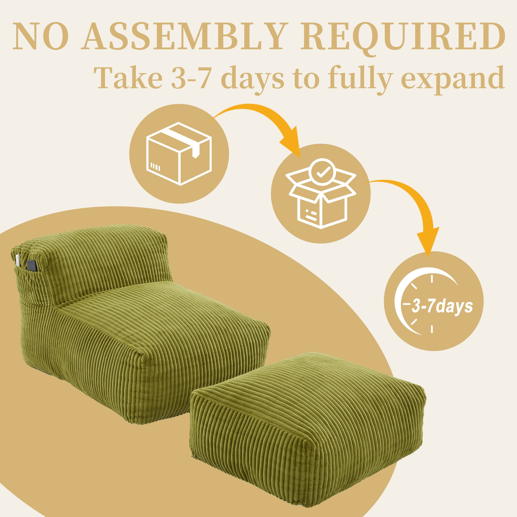 Avobird Big Bean Bag Chair, Lounger Large Bean Bag Sofa With ottoman, Memory Foam Filled Beanbag Chair for Living Room Bedroom, Ergonomic Support & Premium Com, Olive