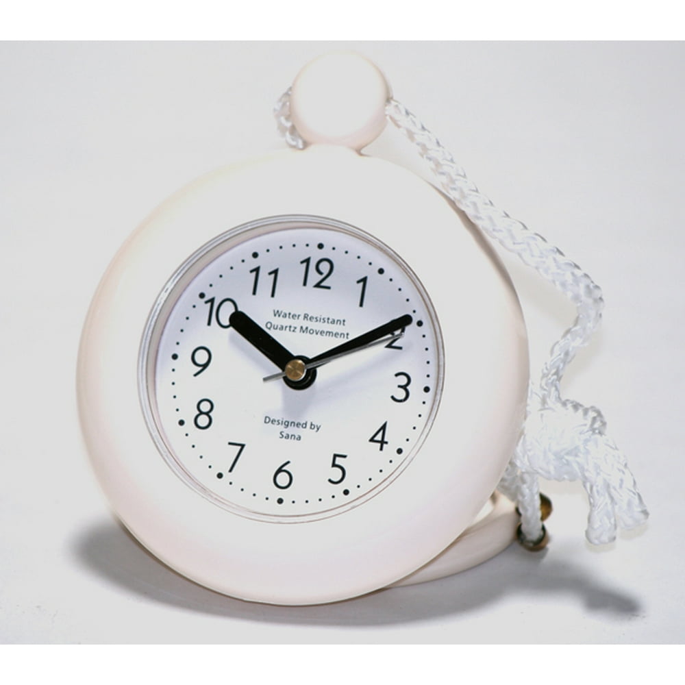 Our white bathroom shower rope clock with a clear easy to read clock