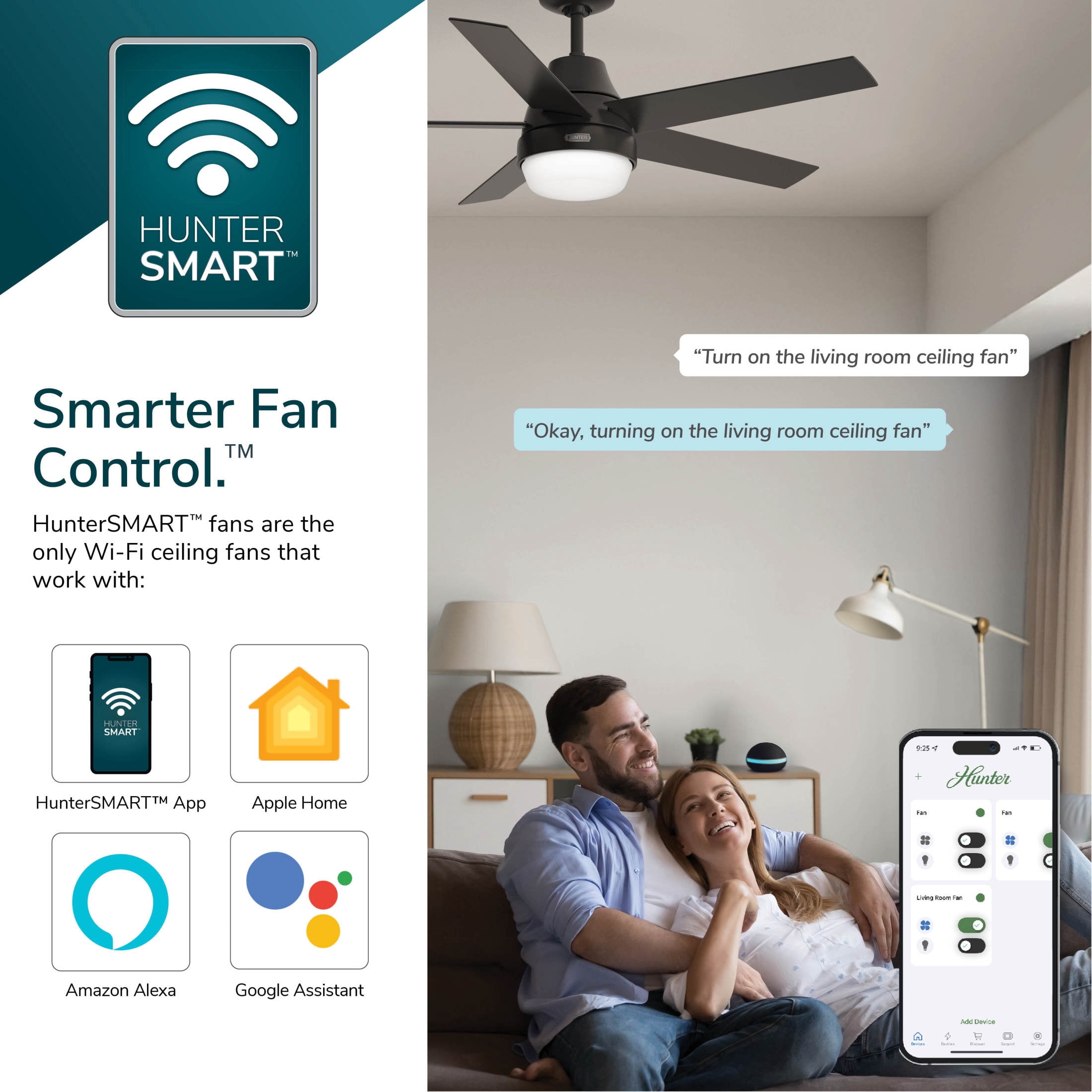 Hunter 60 inch Aerodyne Wi-Fi ENERGY STAR® Matte Bronze Ceiling Fan with LED Light Kit, Reversible Blades, and Handheld Remote
