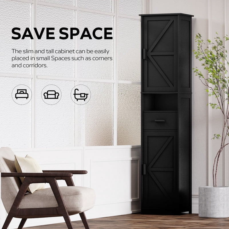 69"H Bathroom Storage Cabinet,Narrow Floor Cabinet with 2 Barn Doors, 1 Drawer & Adjustable Shelves