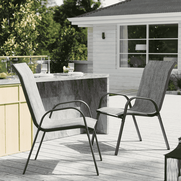 ELPOSUN Patio Chairs Set of 2, Outdoor Stackable Dining Chairs for All Weather, Breathable Garden Outdoor Furniture for Backyard Deck,Light Grey