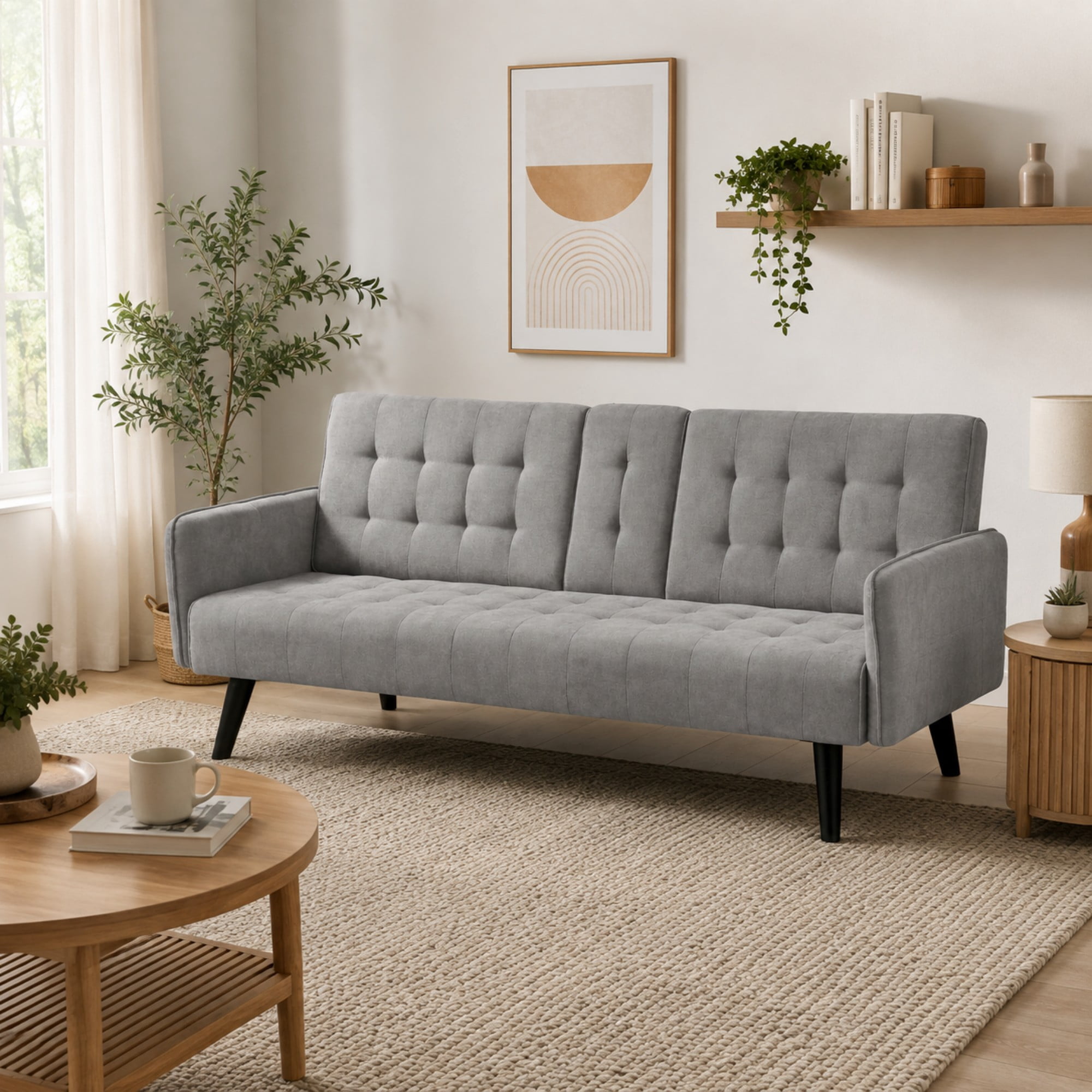 BSHTI 72" Linen Sleeper Sofa Bed with Folding Backrest,Adjustable Back, Drop-Down Table with Cup Holder for Living Room（Light Gray）