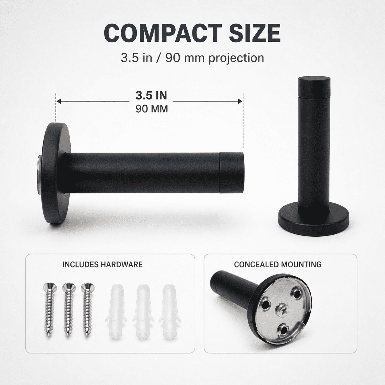 Door Stop 3.5“ Heavy Duty 304 Stainless Steel Door Stopper with Rubber Tips Bumper Wall Mounted Door Holder Protection Black 10 Pcs
