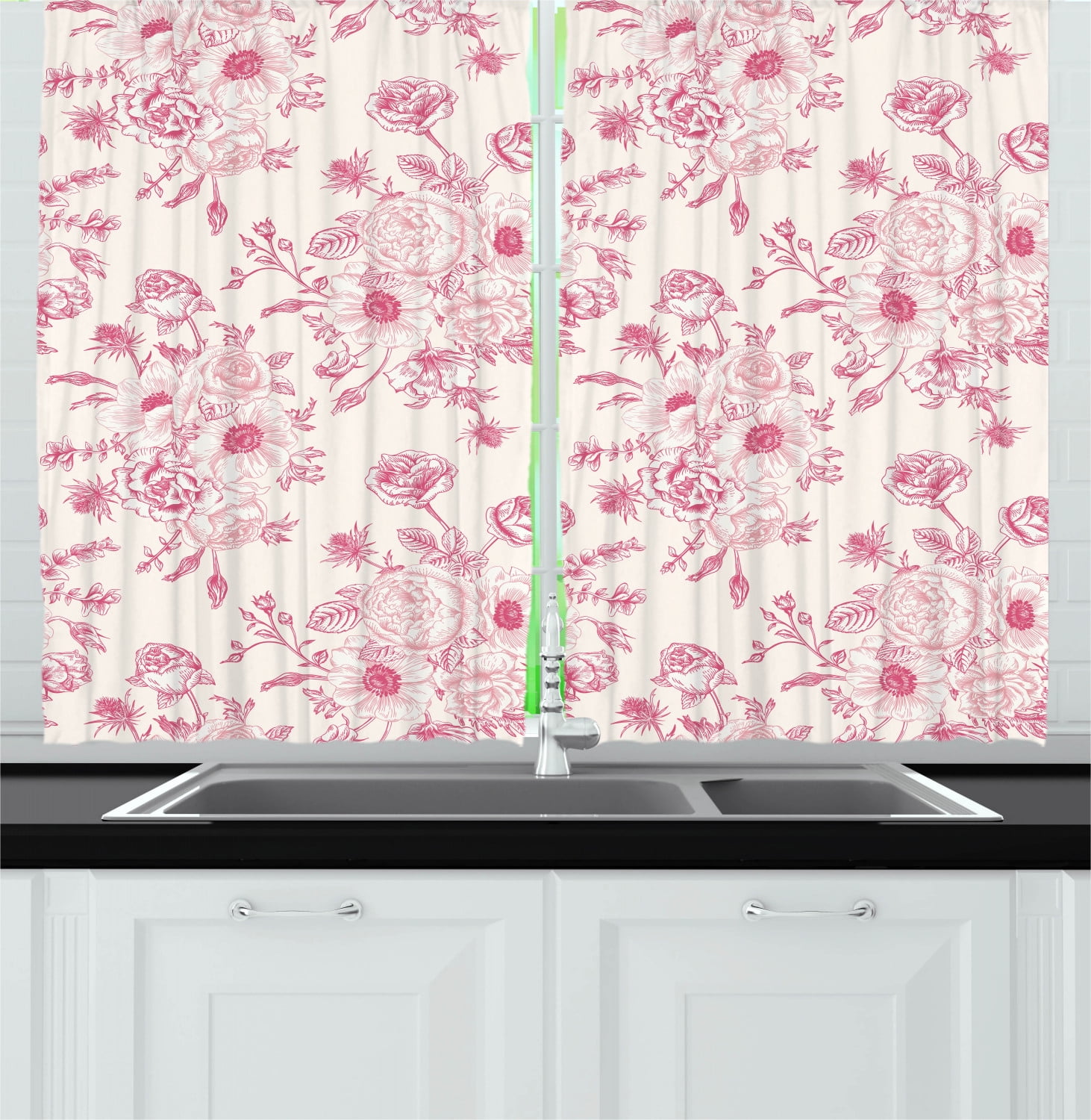 Floral Curtains 2 Panels Set, Romantic Rose Flower Bouquet Blooms in Soft Pastel Tones Botanical Rococo Design, Window Drapes for Living Room Bedroom, 55W X 39L Inches, Pale Pink, by Ambesonne