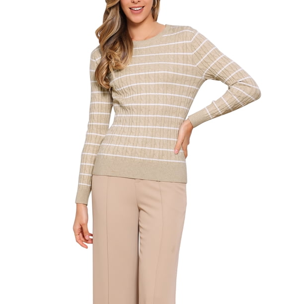 Suéter Casual INSPIRE CHIC para Mujer, de Cuello Redondo, Rayas, Diseño Hueco, Tendencia Otoño Invierno, Color Beige