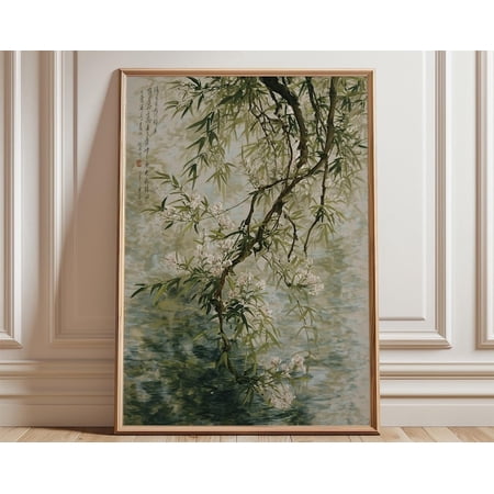 Vintage Willow Tree Botanical Branch Over Water Wall Art Print, Unframed Paper Poster 11x14in