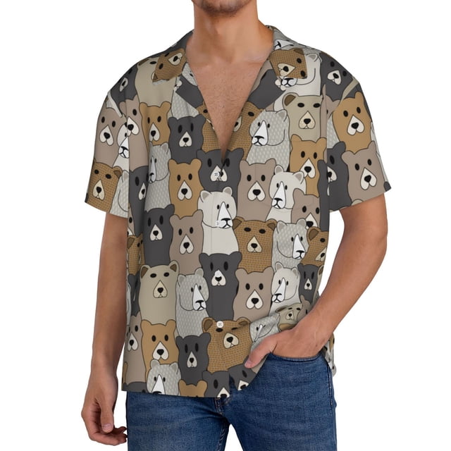 Fotbe Cartoon Bear Camisa Estampada de Manga Corta para Hombre, Casual de Verano, Estilo Playero, Sin Arrugas-Large