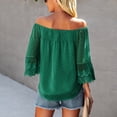 thumbnail image 3 of Women Off Shoulder Top 3/4 Bell Sleeves Loose Fit Elastic Neckline Lining Inside Summer Blouse Blackish Green S, 3 of 8
