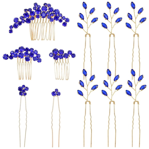 11 Pieces Vintage Royal Blue Headpieces Party Prom Wedding Bridal Rhinestone Hair Side Combs Slides U-shaped Hair Pins Accessories for Brides Bridesmaids Women Girls