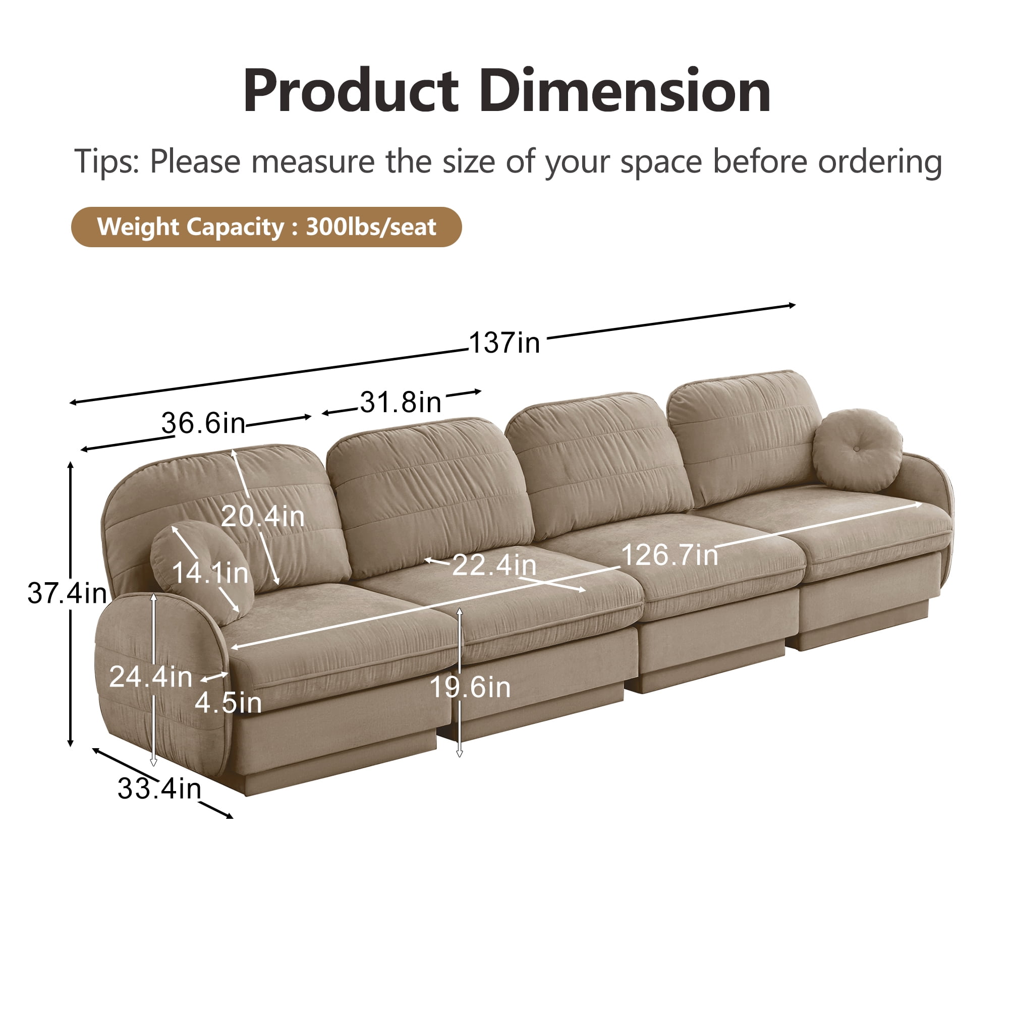 Mintazer 137" Chenille Cloud 4-Seater Modular Sectional Sofa with 2 Round Pillows, Easy Assembly Ergonomic Comfy Sofa Couch for Living Room, Apartment, Light Coffee