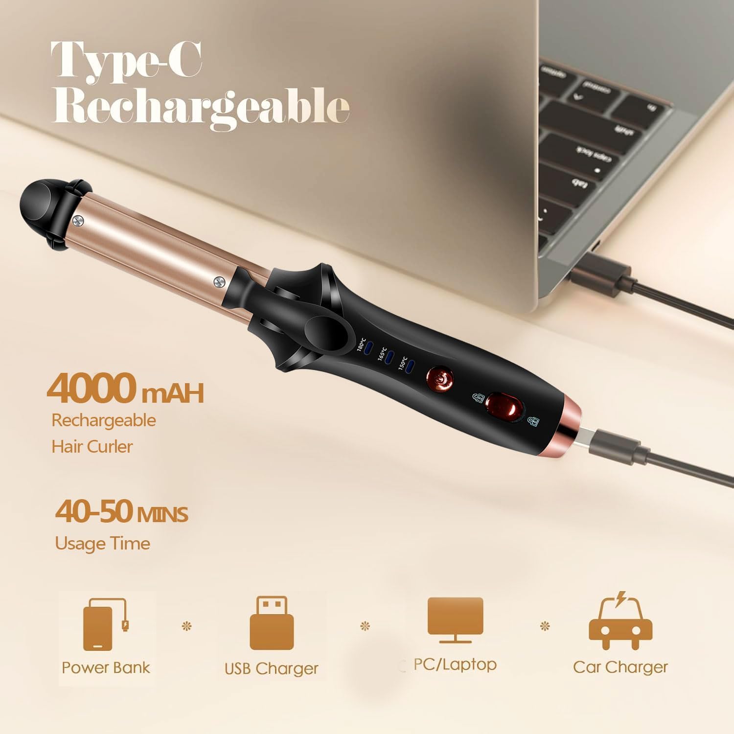 Cordless Auto-Off Curling Iron, USB Rechargeable Ceramic Hair Curler for Travel, Portable & Compact Design with 3 Temperature Settings for On-the-Go Styling