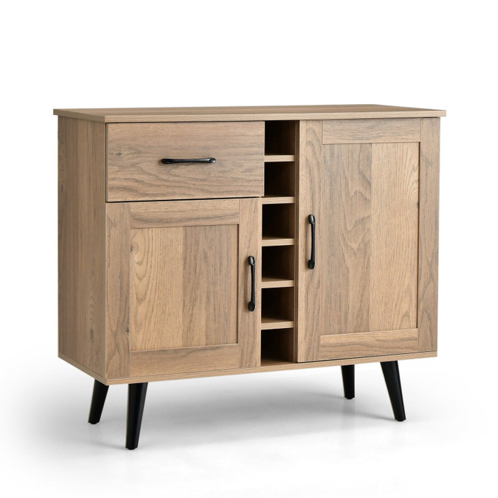 Furnibear 35.5" Modern Wine Bar Cabinet with Bottle Rack Storage with 1 Drawer and Adjustable Shelves for Living Room Dining Room - Natural