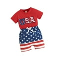 thumbnail image 2 of Toddler Baby Boys Outfits for 4th of July 6 12 18 24 Months 2T 3T 4T Fuzzy Letter Embroidery Short Sleeve T-Shirts Tops Stripe Stars Print Shorts 2Pcs Clothes Set, 2 of 10